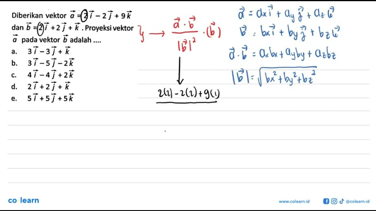 Diberikan vektor a=2i-2j+9k dan b=2i+2j+k. Proyeksi vektor