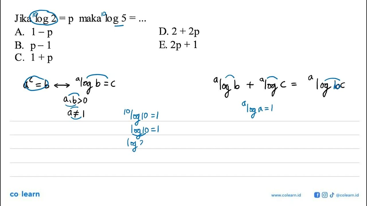 Jika log 2=p maka log 5=...