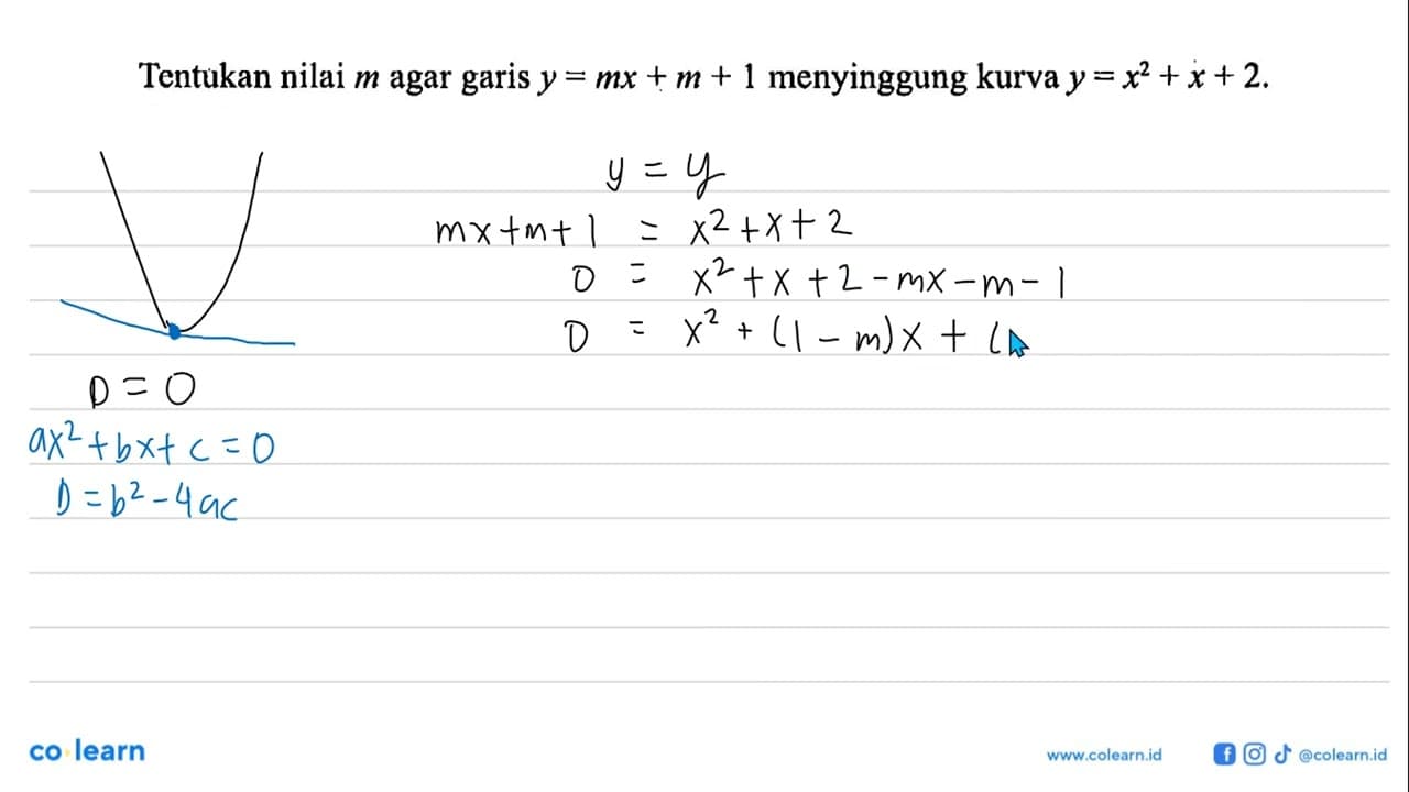 Tentukan nilai m agar garis y=m x+m+1 menyinggung kurva