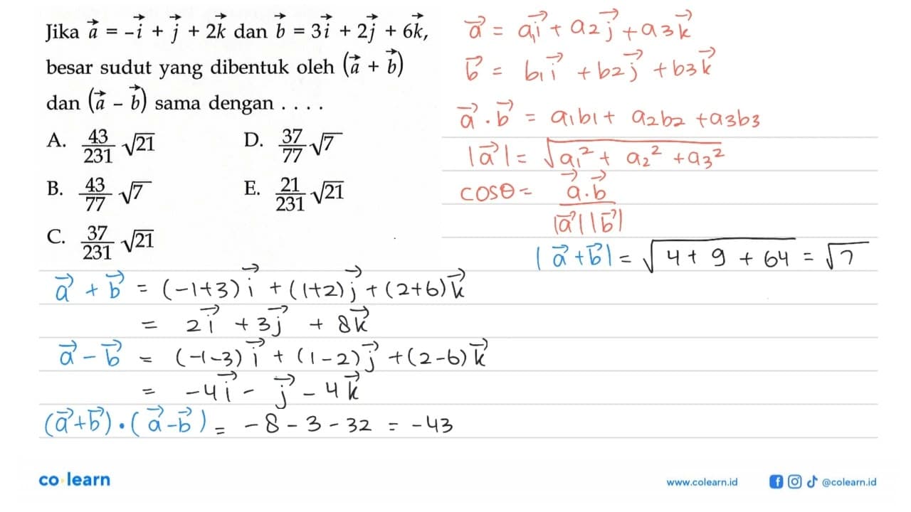 Jika vektor a=-i+j+2k dan vektor b=3i+2j+6k, besar sudut