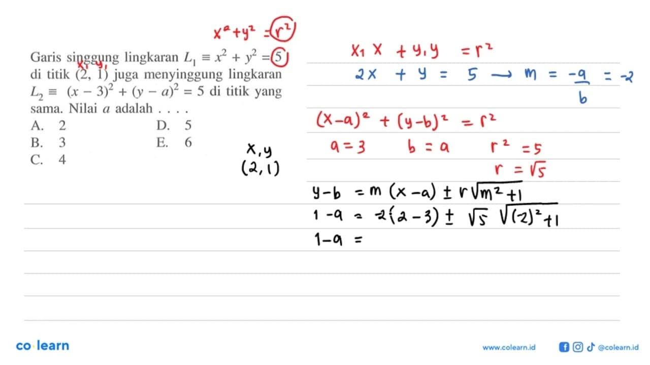 Garis singgung lingkaran L1 ekuivalen x^2+y^2=5 di titik