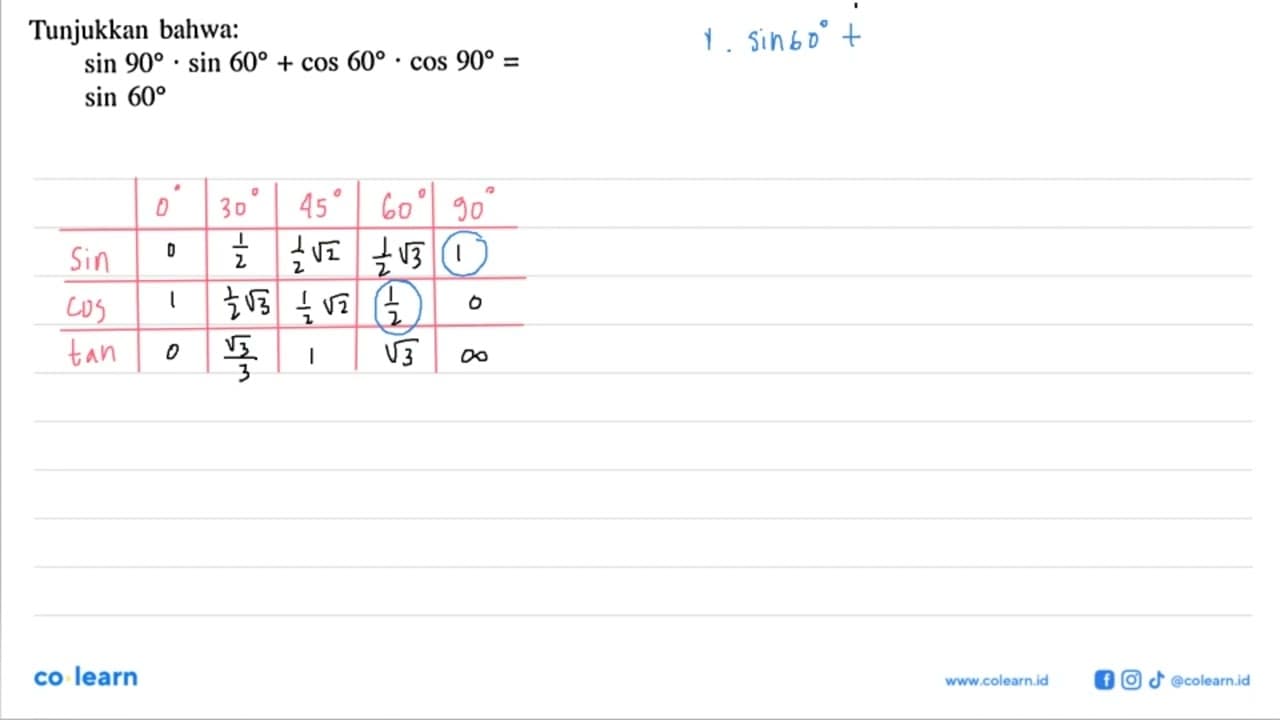 Tunjukkan bahwa: sin 90 . sin 60+cos 60 . cos 90= sin 60