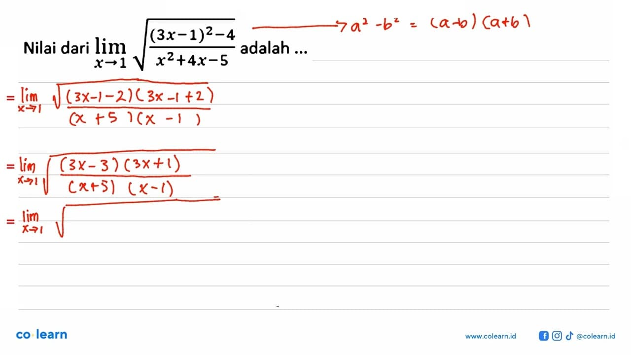 Nilai dari lim x->1 akar ((3x-1)^2-4)/(x^2+4x-5) adalah ...