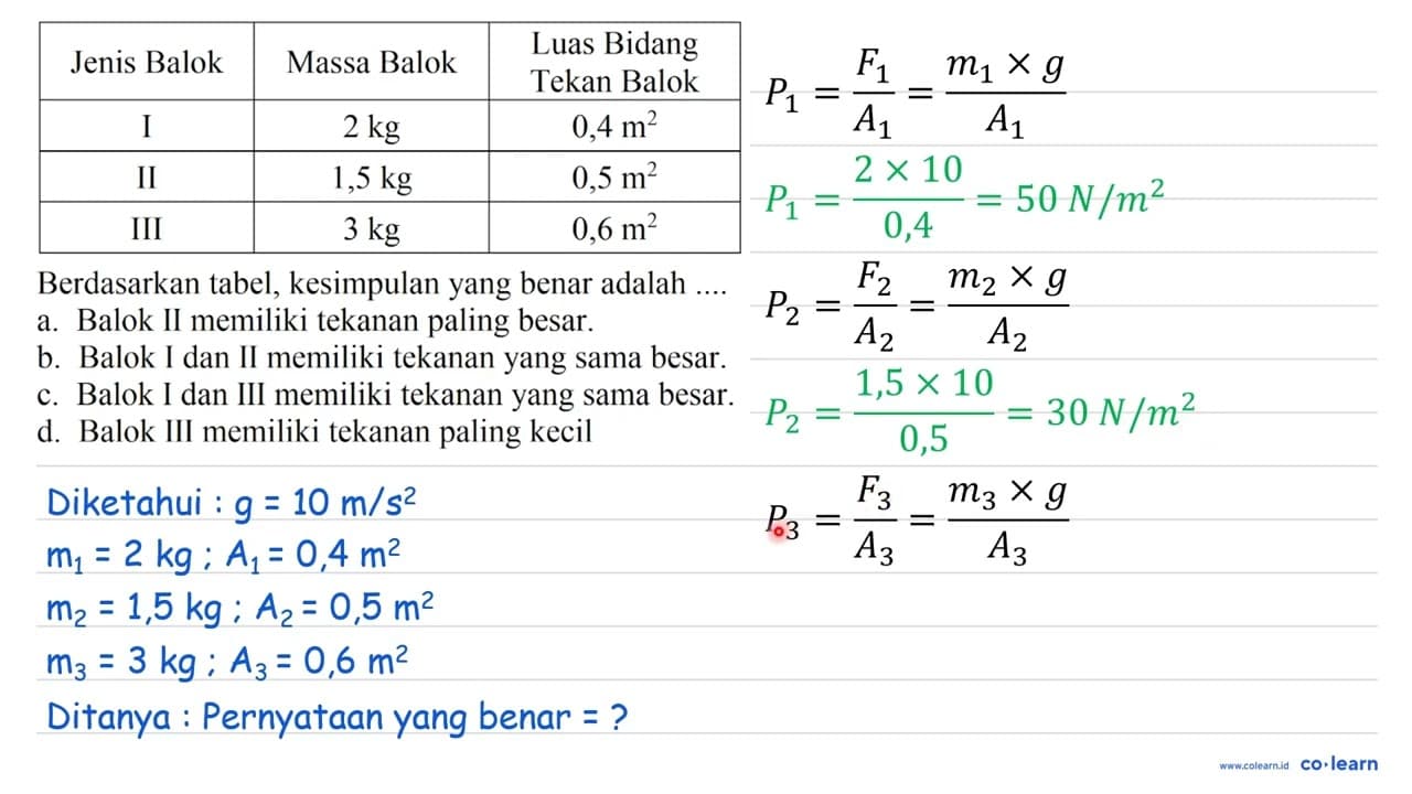 Jenis Balok Massa Balok Luas Bidang Tekan Balok I 2 kg 0,4