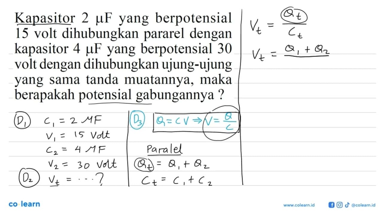 Kapasitor 2 muF yang berpotensial 15 volt dihubungkan