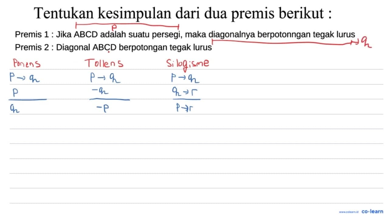 Tentukan kesimpulan dari dua premis berikut: Premis 1 :