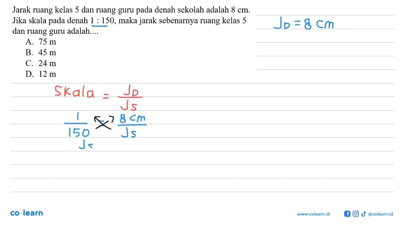 Jarak ruang kelas 5 dan ruang guru pada denah sekolah