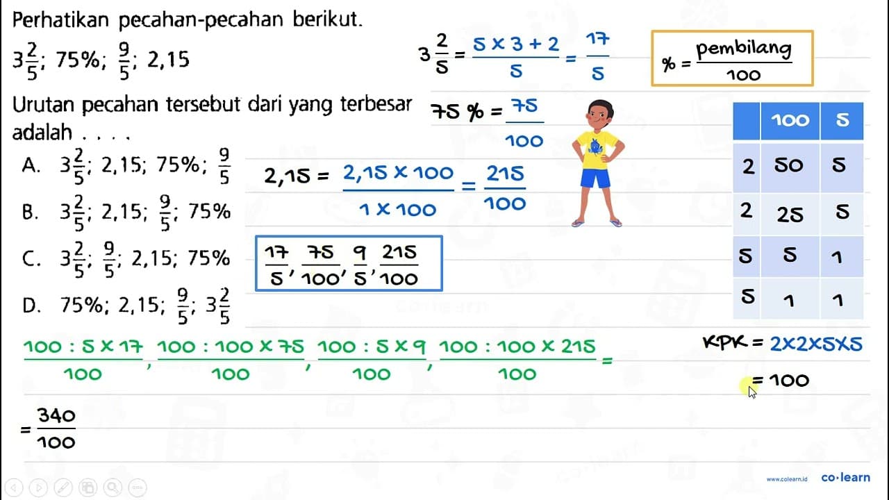 Perhatikan pecahan-pecahan berikut. 3 (2)/(5) ; 75 % ;