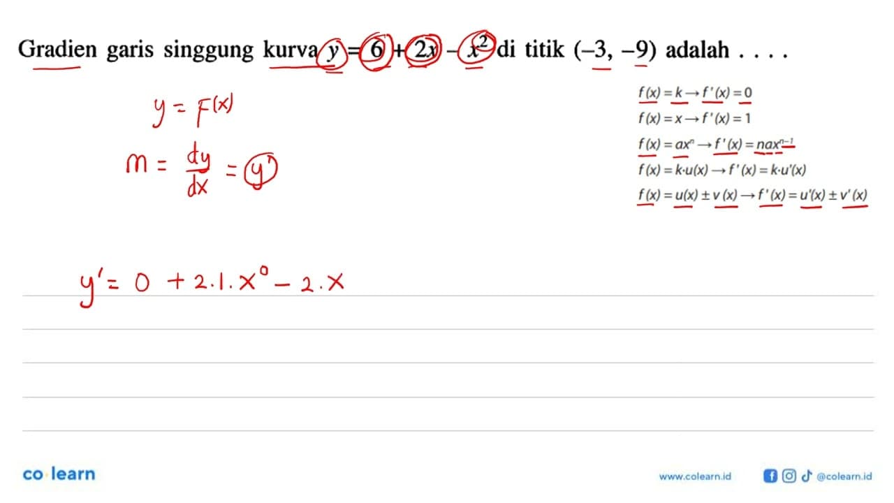 Gradien garis singgung kurva y=6+2x-x^2 di titik (-3,-9)