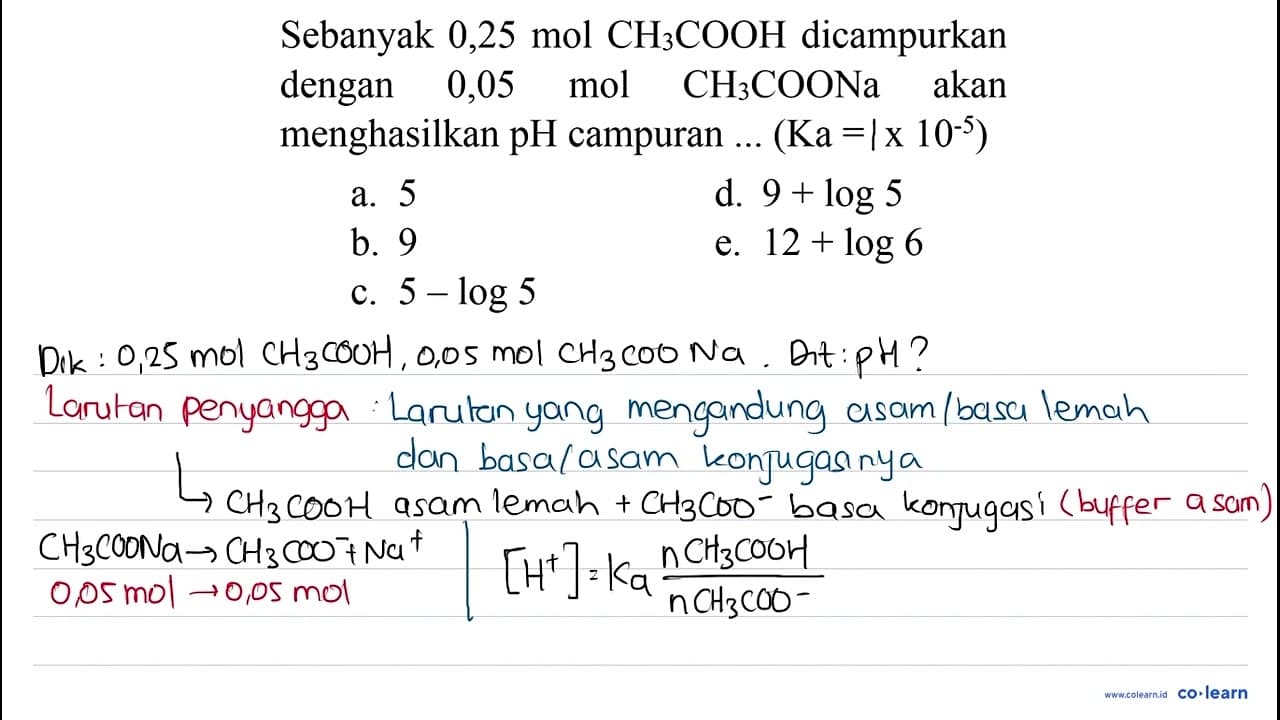 Sebanyak 0,25 mol CH3 COOH dicampurkan dengan 0,05 mol CH3