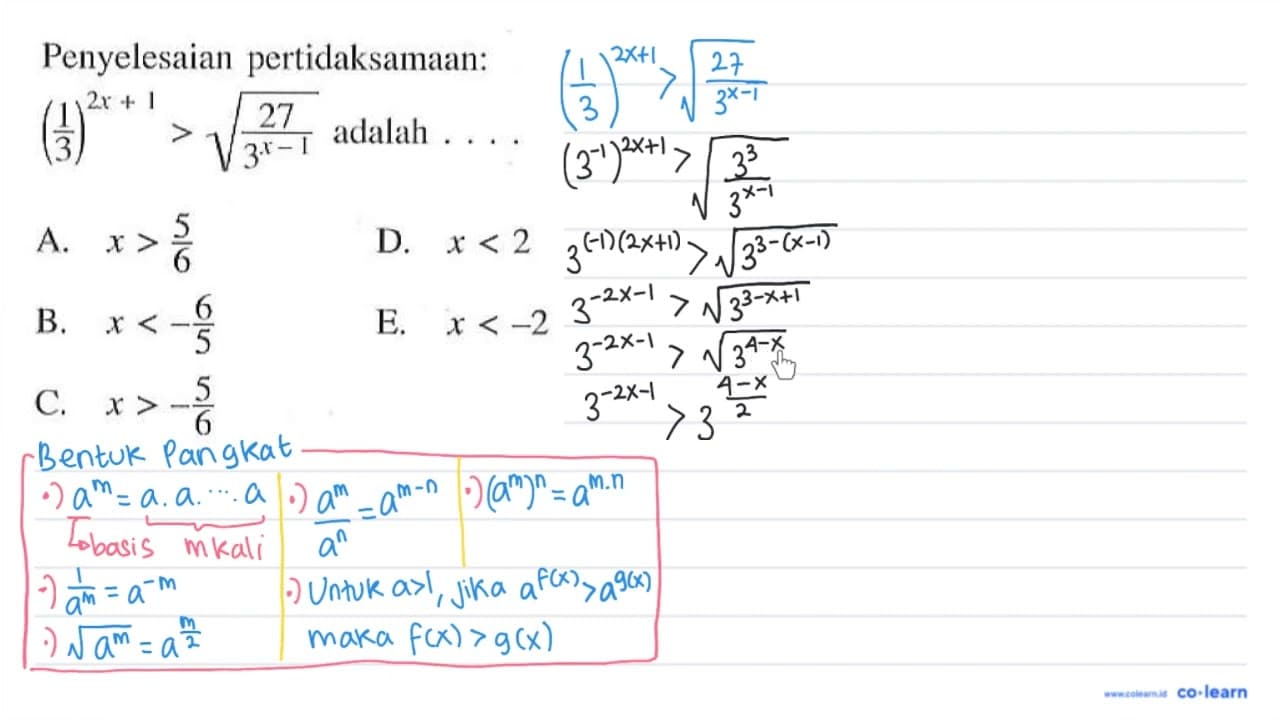 Penyelesaian pertidaksamaan: (1/3)^(2x+1)>akar(27/3^(x-1))