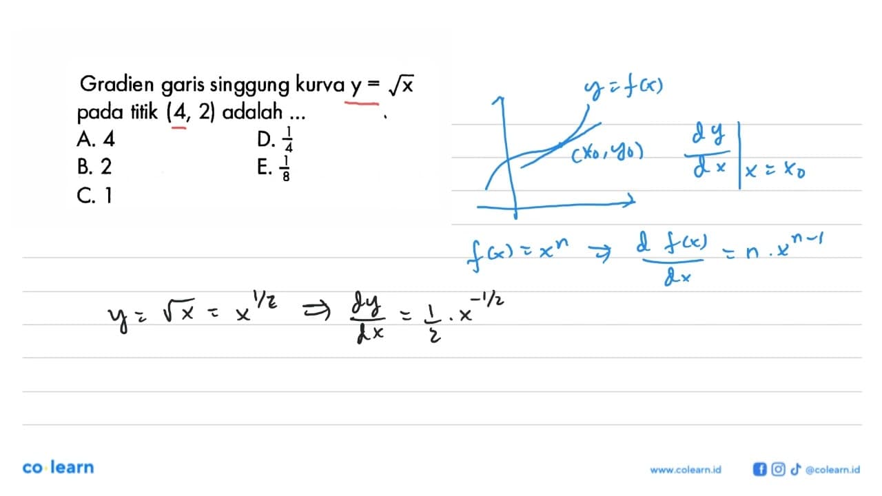 Gradien garis singgung kurva y=akar(x) pada titik (4,2)