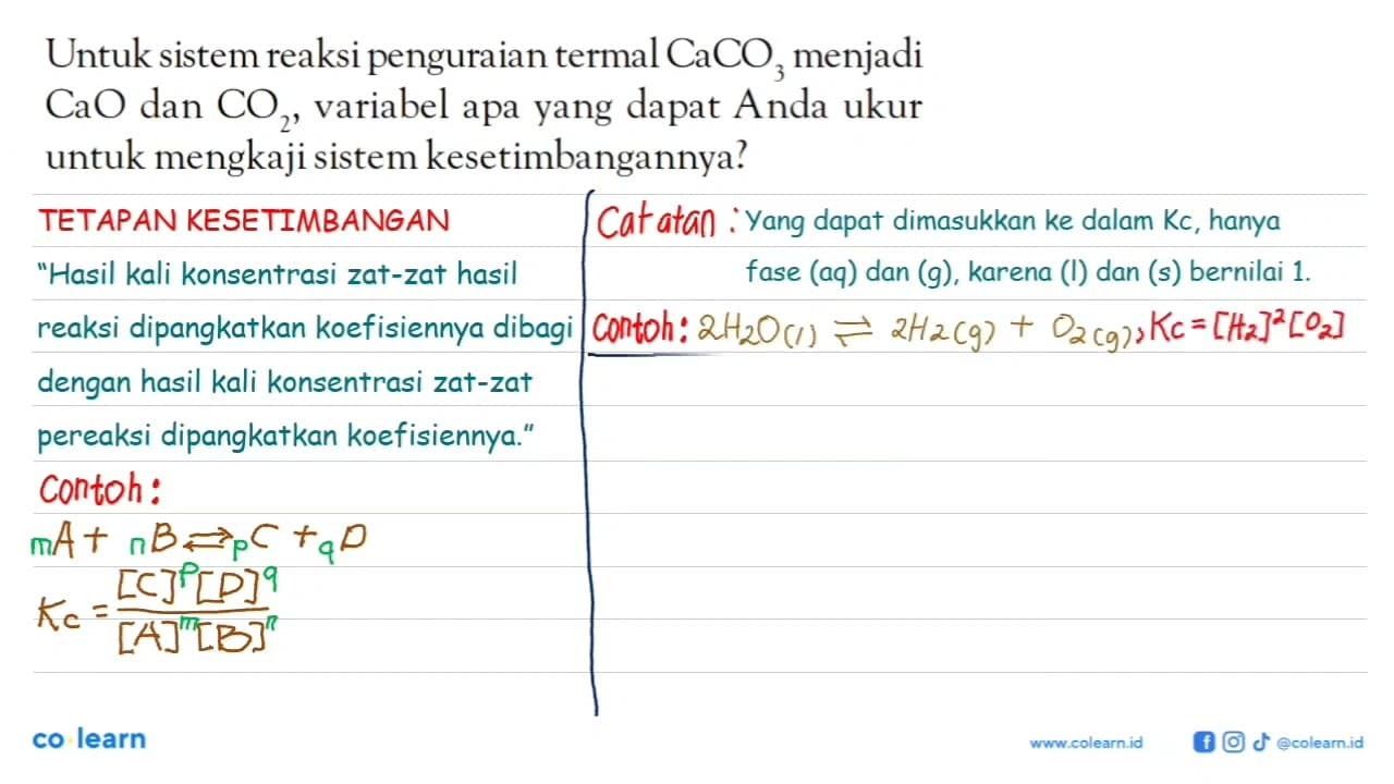 Untuk sistem reaksi penguraian termal CaCO3 menjadi CaO dan