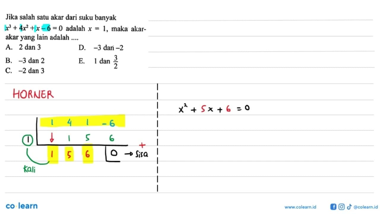 Jika salah satu akar dari suku banyak x^3+4x^2+x-6=0 adalah