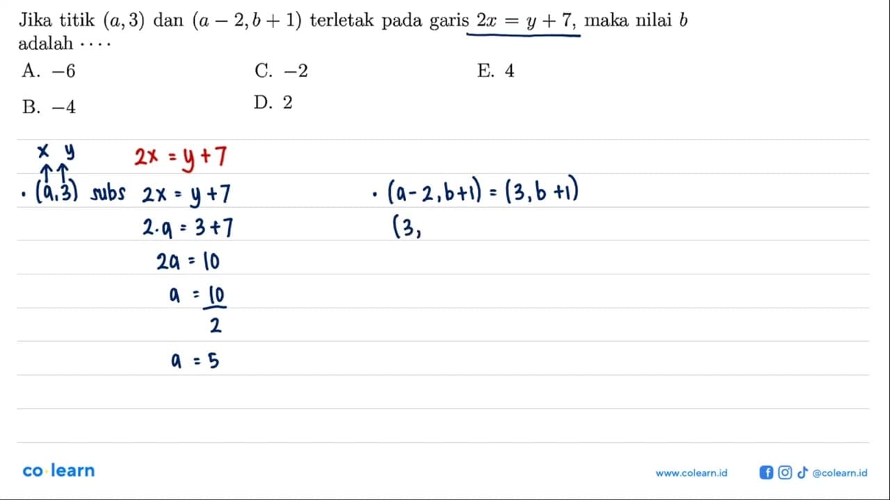 Jika titik (a,3) dan (a - 2, b + 1) terletak pada garis 2x