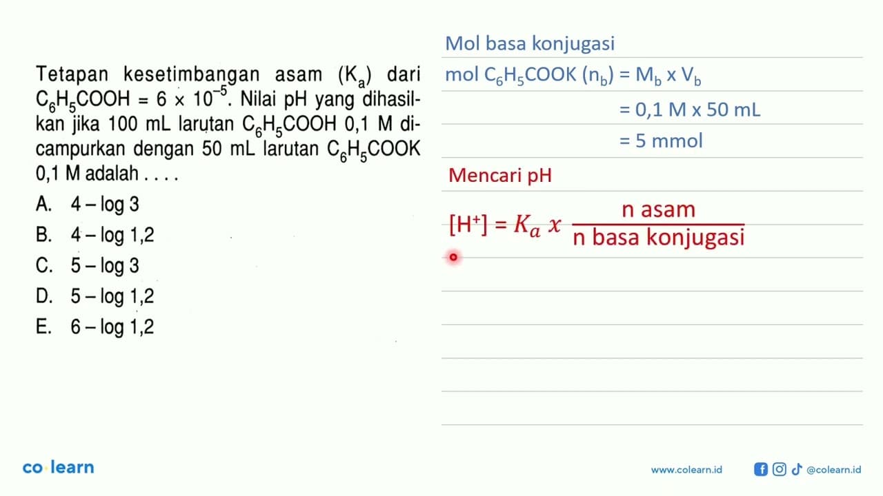 Tetapan kesetimbangan asam (Ka) dari C6H5COOH=6x10^-5.