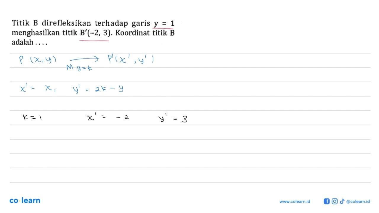 Titik B direfleksikan terhadap garis y=1 menghasilkan titik