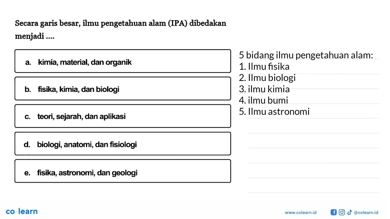 Secara garis besar, ilmu pengetahuan alam (IPA) dibedakan