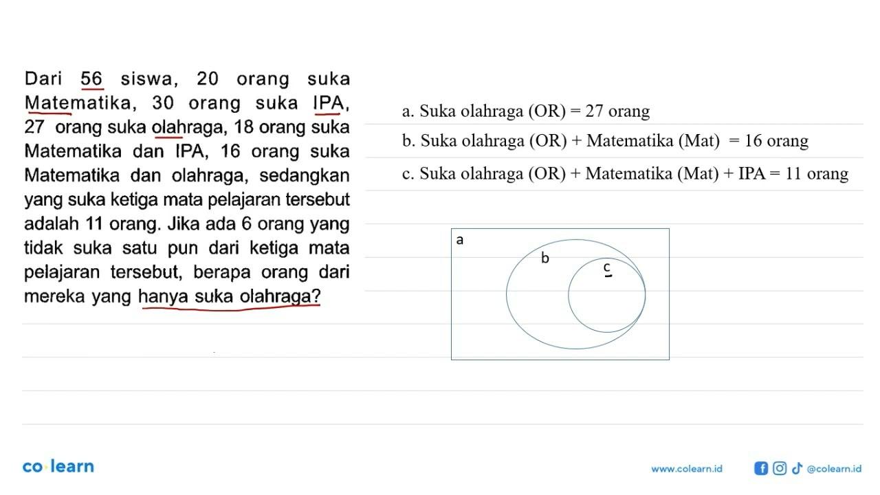 Dari 56 siswa, 20 orang suka Matematika, 30 orang suka IPA,