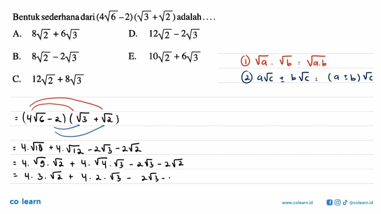 Bentuk sederhana dari (4akar(6)-2) (akar(3) + akar(2)