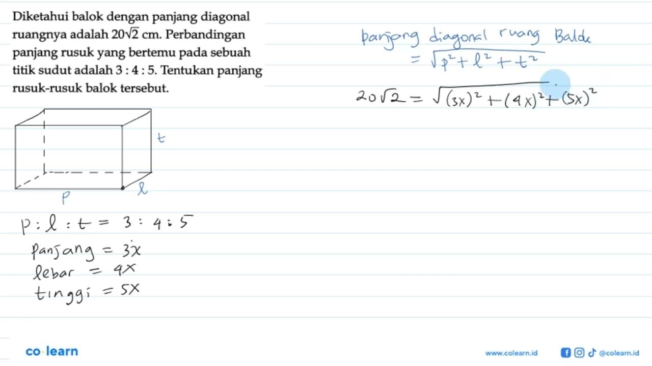 Diketahui balok dengan panjang diagonal ruangnya adalah 20
