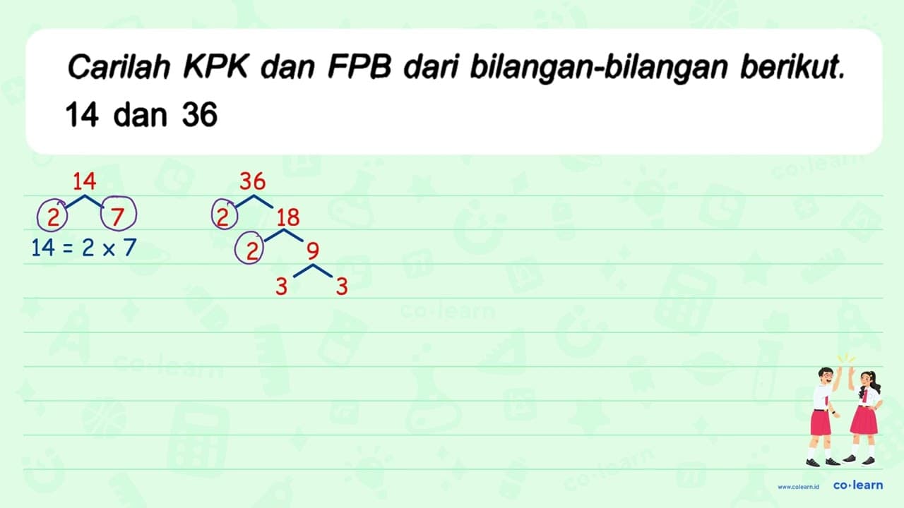 Carilah KPK dan FPB dari bilangan-bilangan berikut. 14 dan