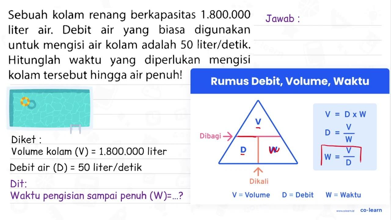 Sebuah kolam renang berkapasitas 1.800.000 liter air. Debit