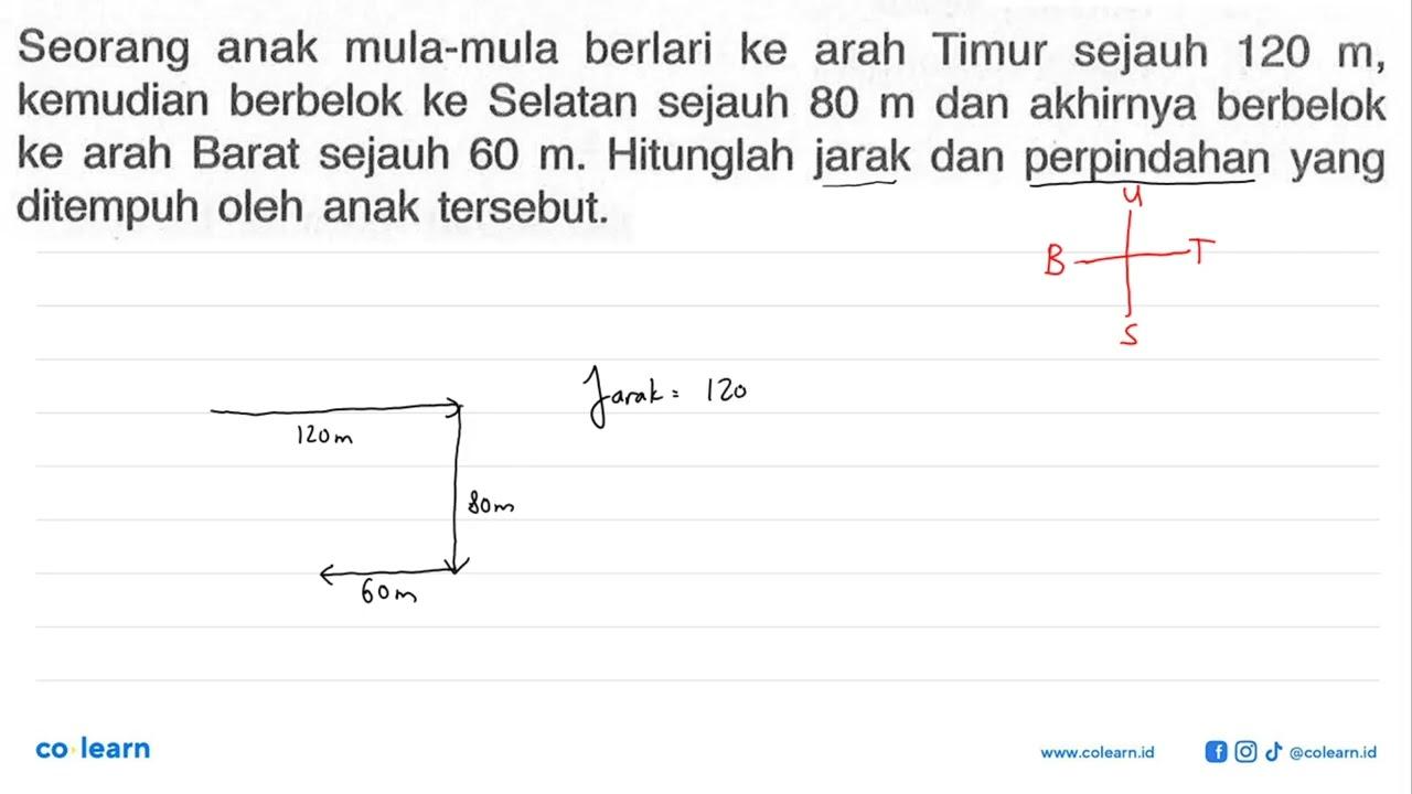 Seorang anak mula-mula berlari ke arah Timur sejauh 120 m,