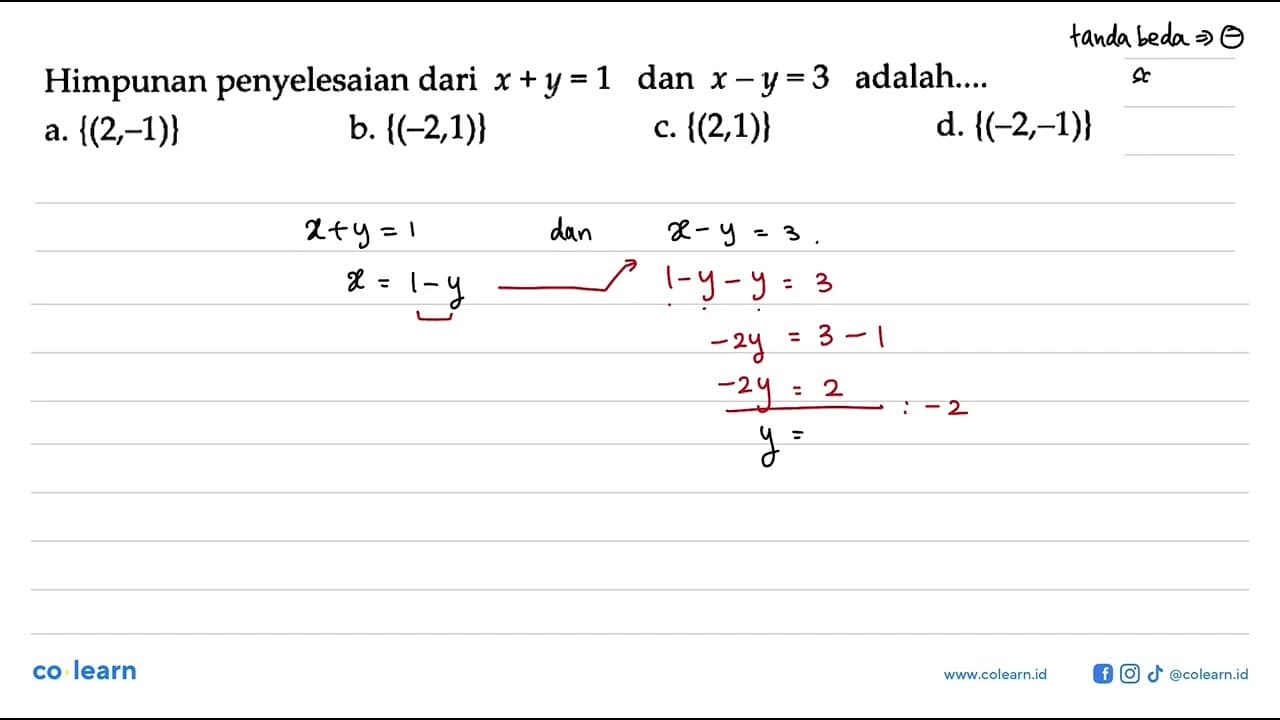 Himpunan penyelesaian dari x + y = 1 dan x - y = 3 adalah