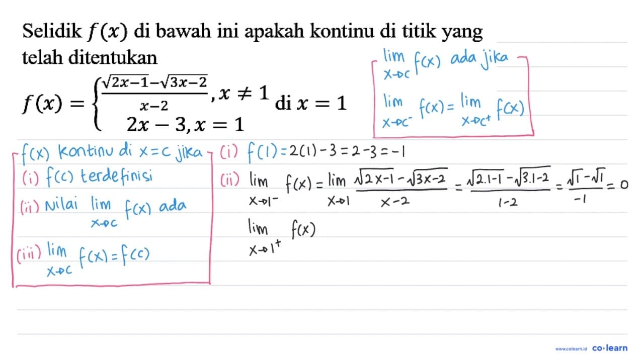 Selidik f(x) di bawah ini apakah kontinu di titik yang