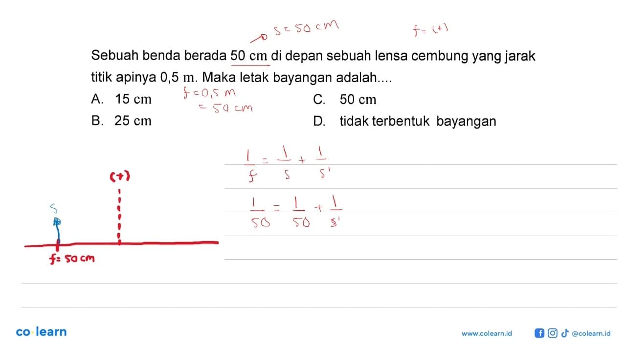 Sebuah benda berada 50 cm di depan sebuah lensa cembung