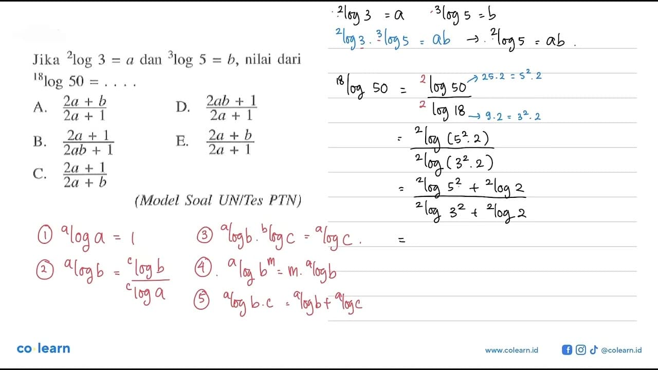 Jika 2log3=a dan 3log5=b, nilai dari 18log50= . . . .