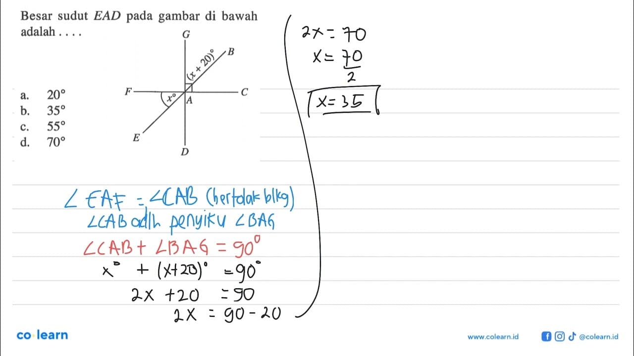 Besar sudut EAD pada gambar di bawah adalah... (x+20) xa.