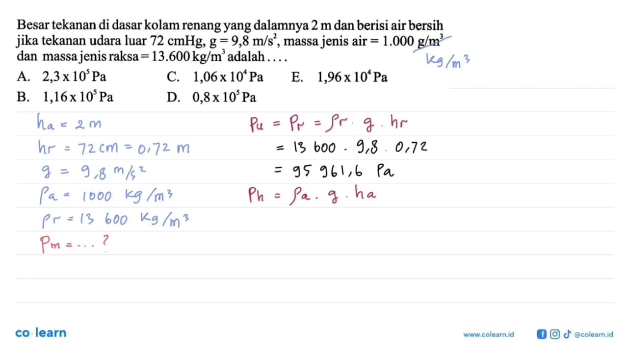 Besar tekanan di dasar kolam renang yang dalamnya 2 m dan