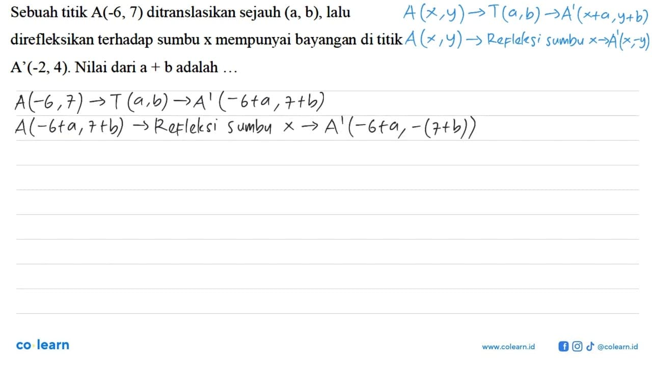 Sebuah titik A(-6,7) ditranslasikan sejauh (a,b), lalu