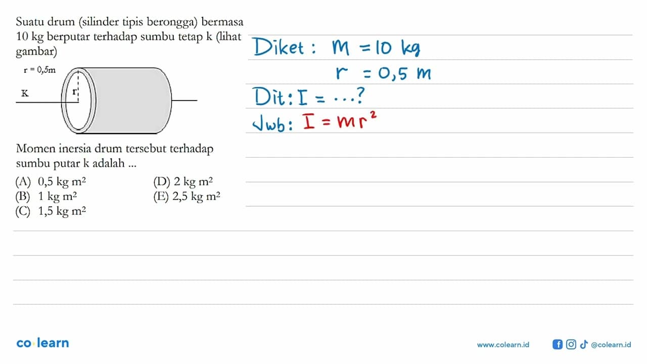 Suatu drum (silinder tipis berongga) bermasa 10 kg berputar