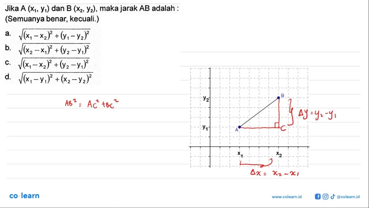 Jika A(x1, y1) dan B(x2, y2) , maka jarak AB adalah :