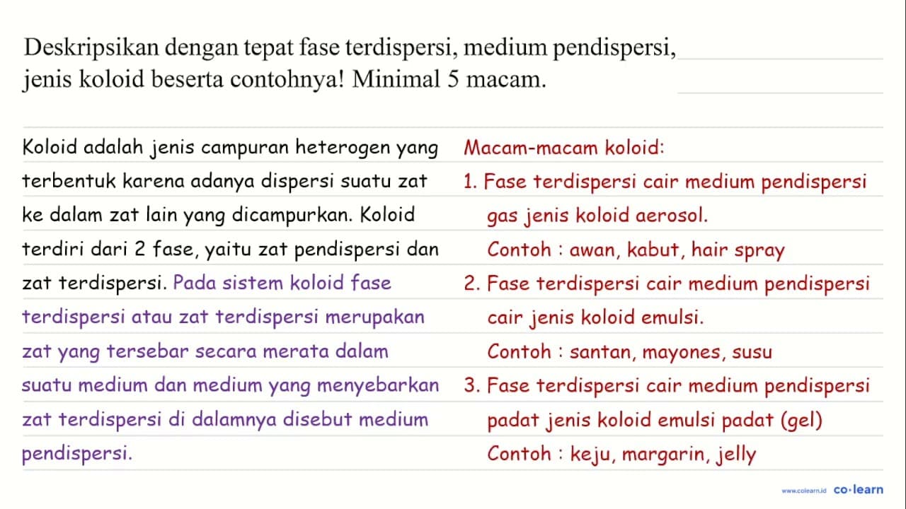 Deskripsikan dengan tepat fase terdispersi, medium