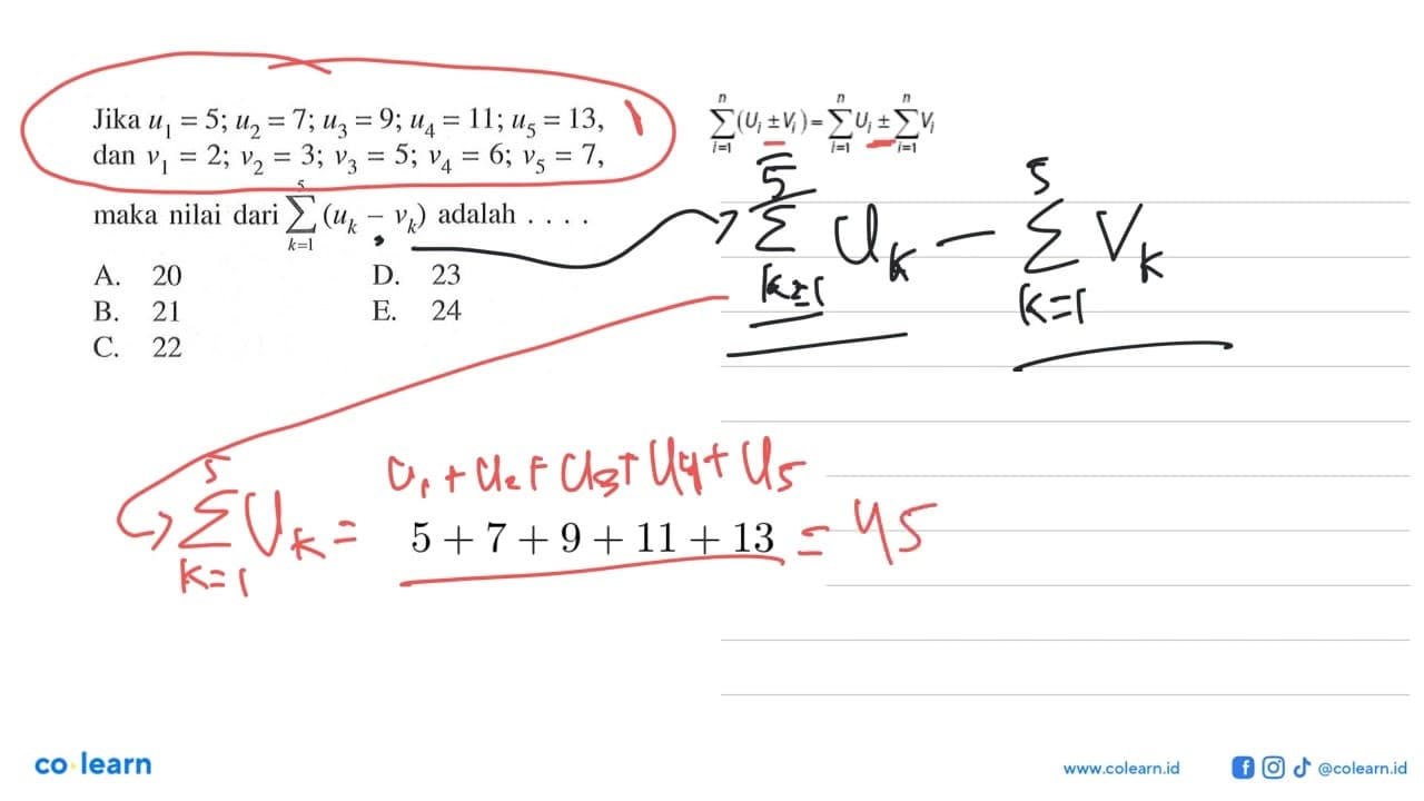 Jika u1=5; u2=7; u3=9; u4=11; dan u5=13, v1=2; v2=3; v3=5;