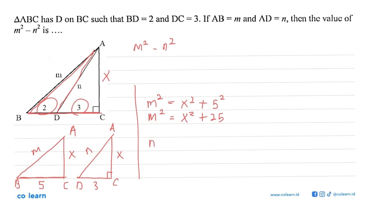 segitiga ABC has D on BC such that BD=2 and DC=3. If AB=m