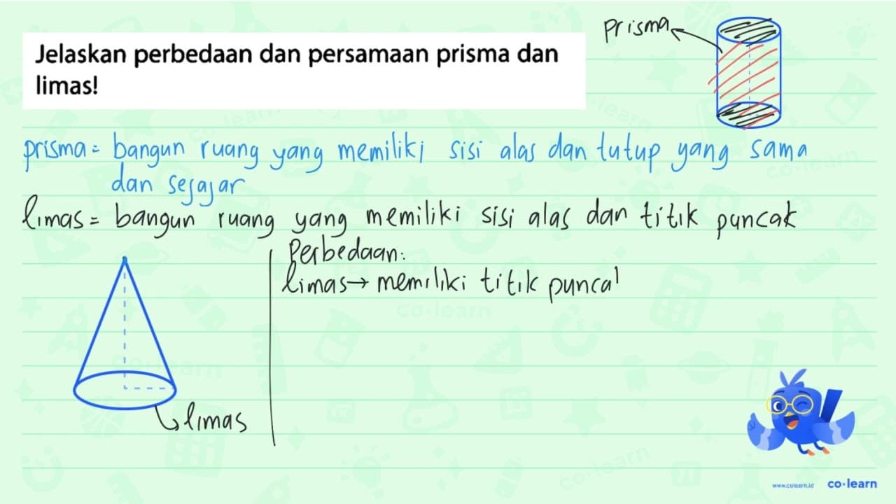 Jelaskan perbedaan dan persamaan prisma dan limas!