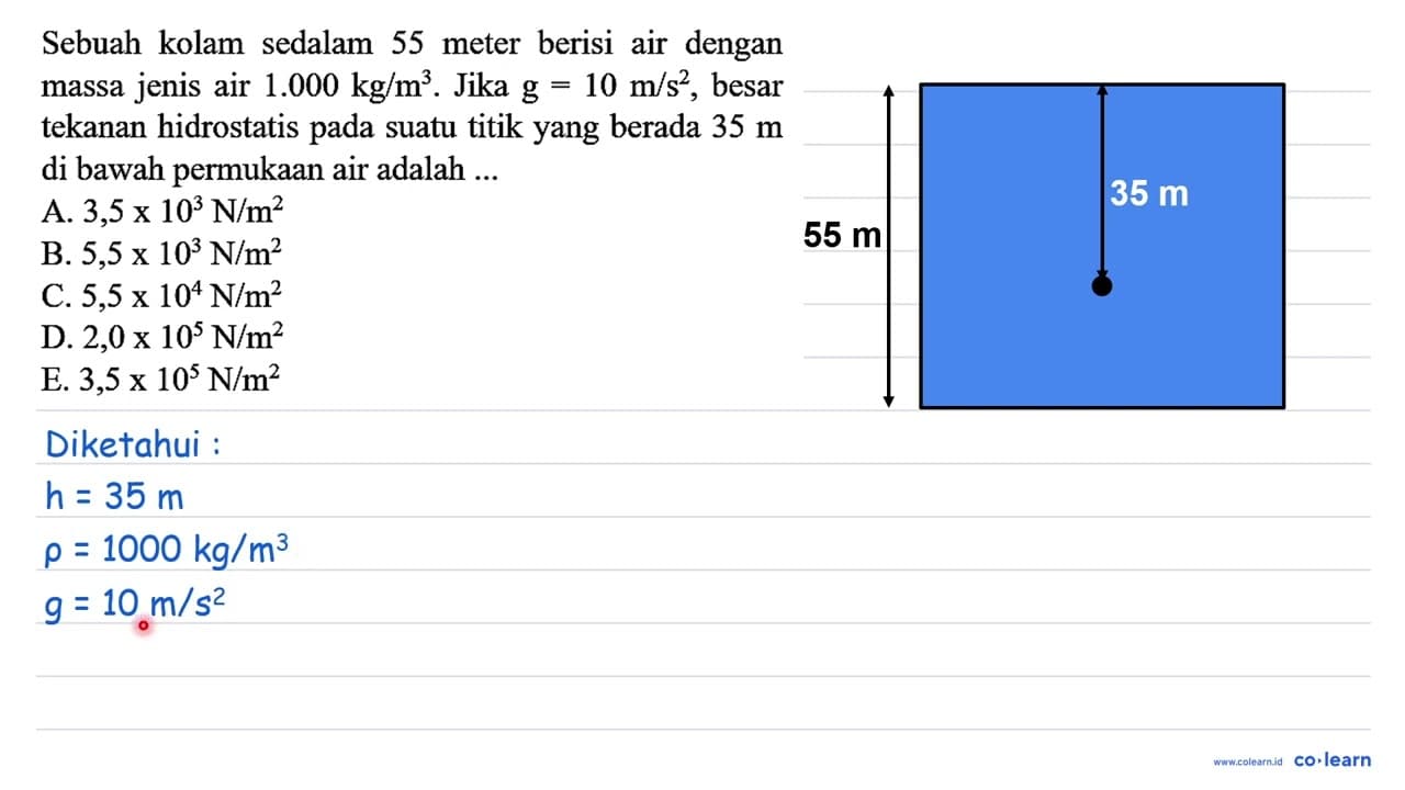 Sebuah kolam sedalam 55 meter berisi air dengan massa jenis