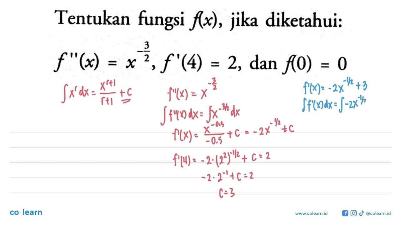 Tentukan fungsi f(x), jika diketahui:f''(x)=x^(-3/2),