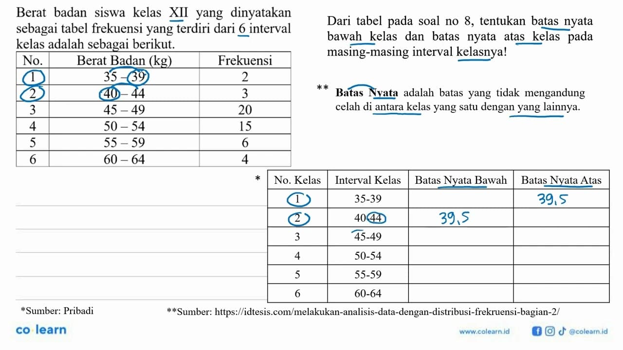 Dari tabel soal 8, tentukan batas nyata pada no kelas dan