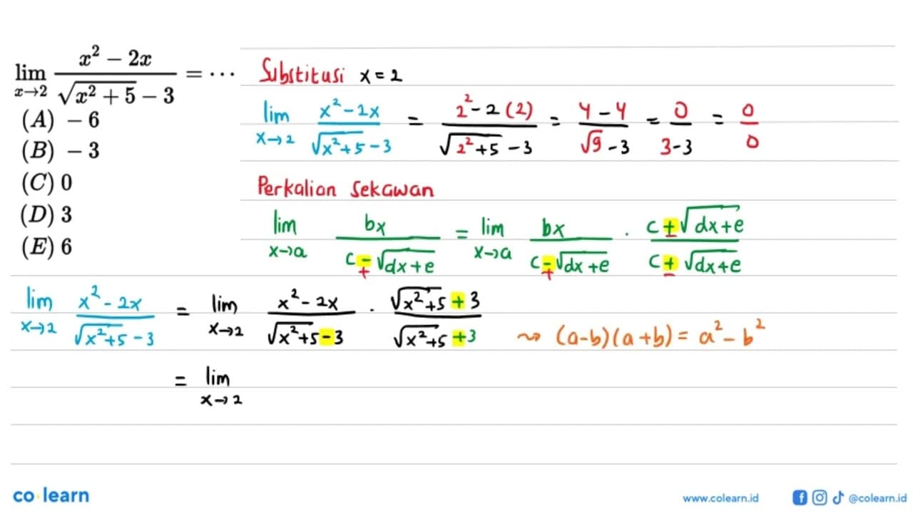 lim x->2 (x^2-2x)/(akar(x^2+5)-3)=...