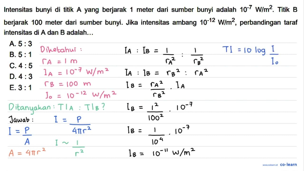 Intensitas bunyi di titik A yang berjarak 1 meter dari