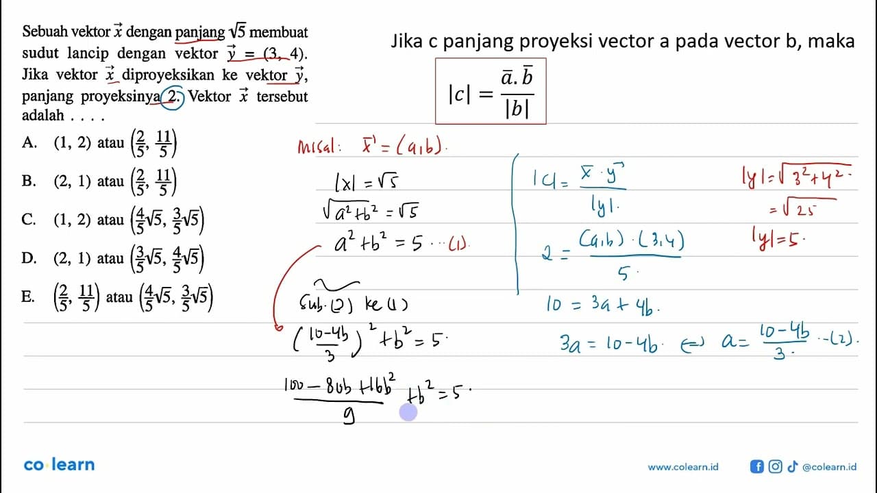 Vektor x dengan panjang akar5 membuat sudut lancip dengan