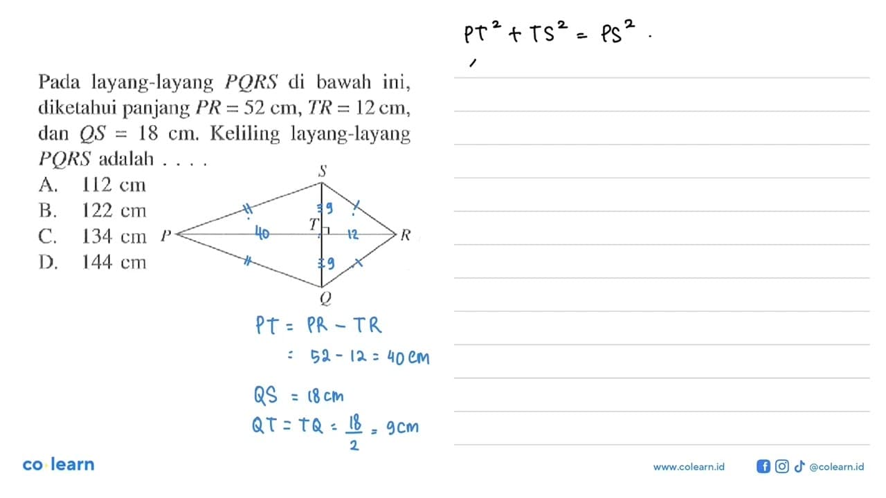 Pada layang-layang PQRS di bawah ini, diketahui panjang