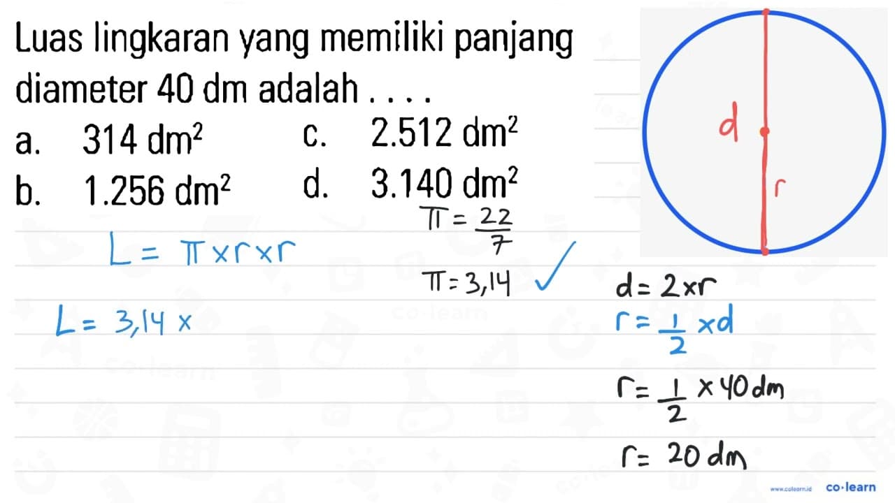 Luas lingkaran vang memiliki panjang diameter 40 dm adalah