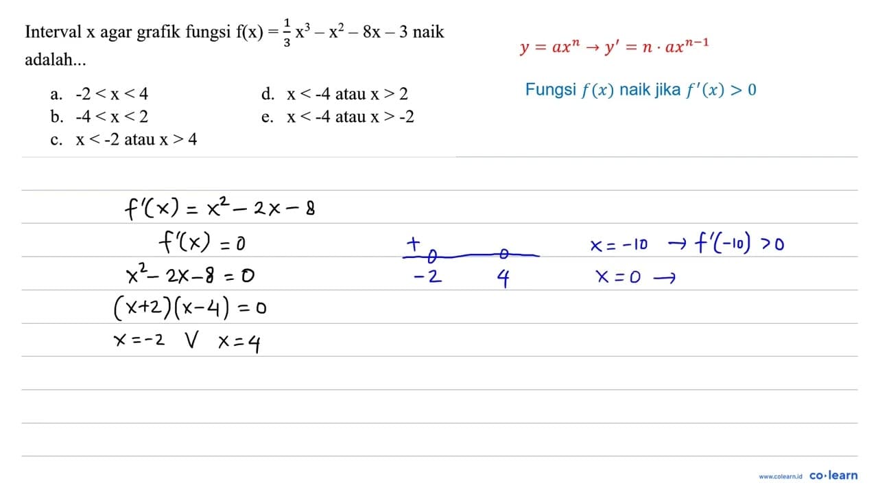 Interval x agar grafik fungsi f(x)=(1)/(3) x^(3)-x^(2)-8